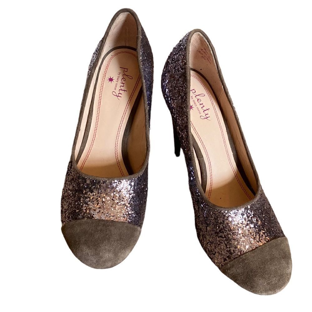Plenty by Tracy Reese Ramona Glitter and Suede Silver Cap Toe Pumps Heels